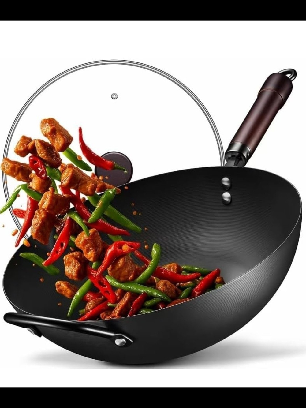 Non-Branded Black Wok Pan with Glass Lid - Black